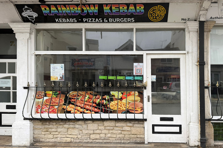store front photo of rainbow kebab pizza burgers delivery service in swanage