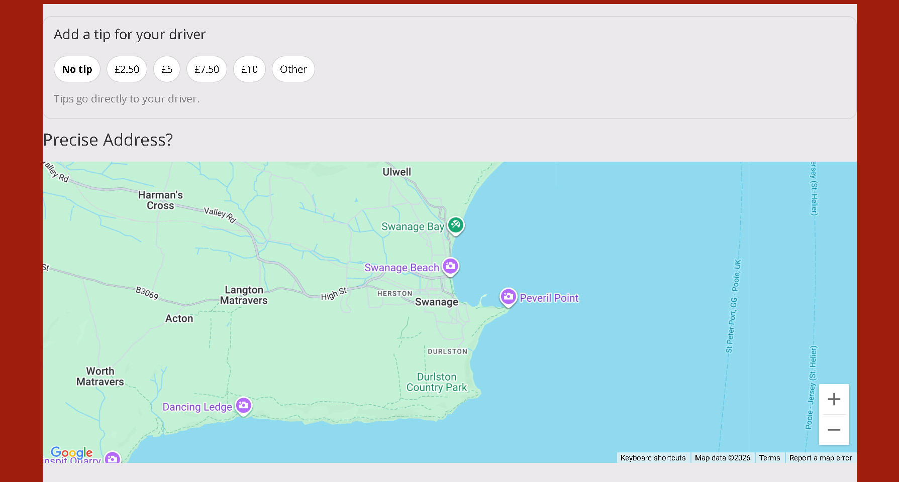 swanage food delivery app address map pin